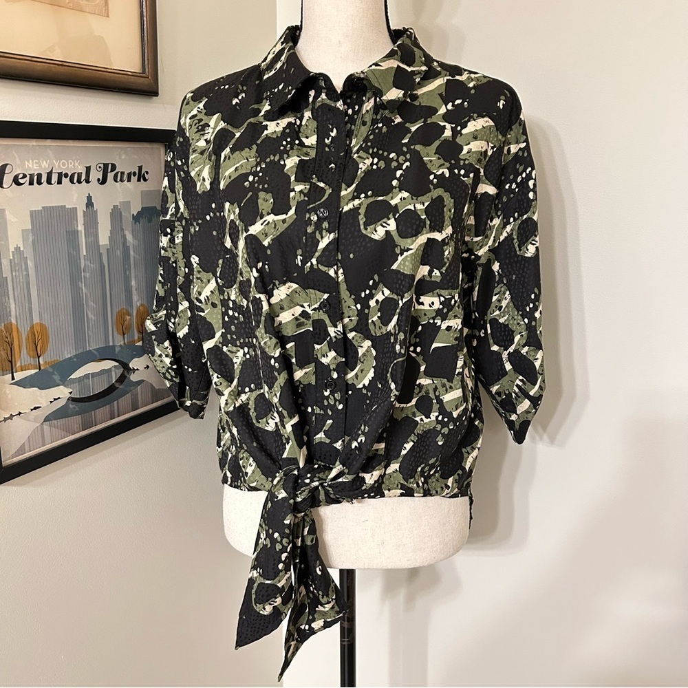 Karl Lagerfeld Black and Green Patterned Tie Front Top SZ M